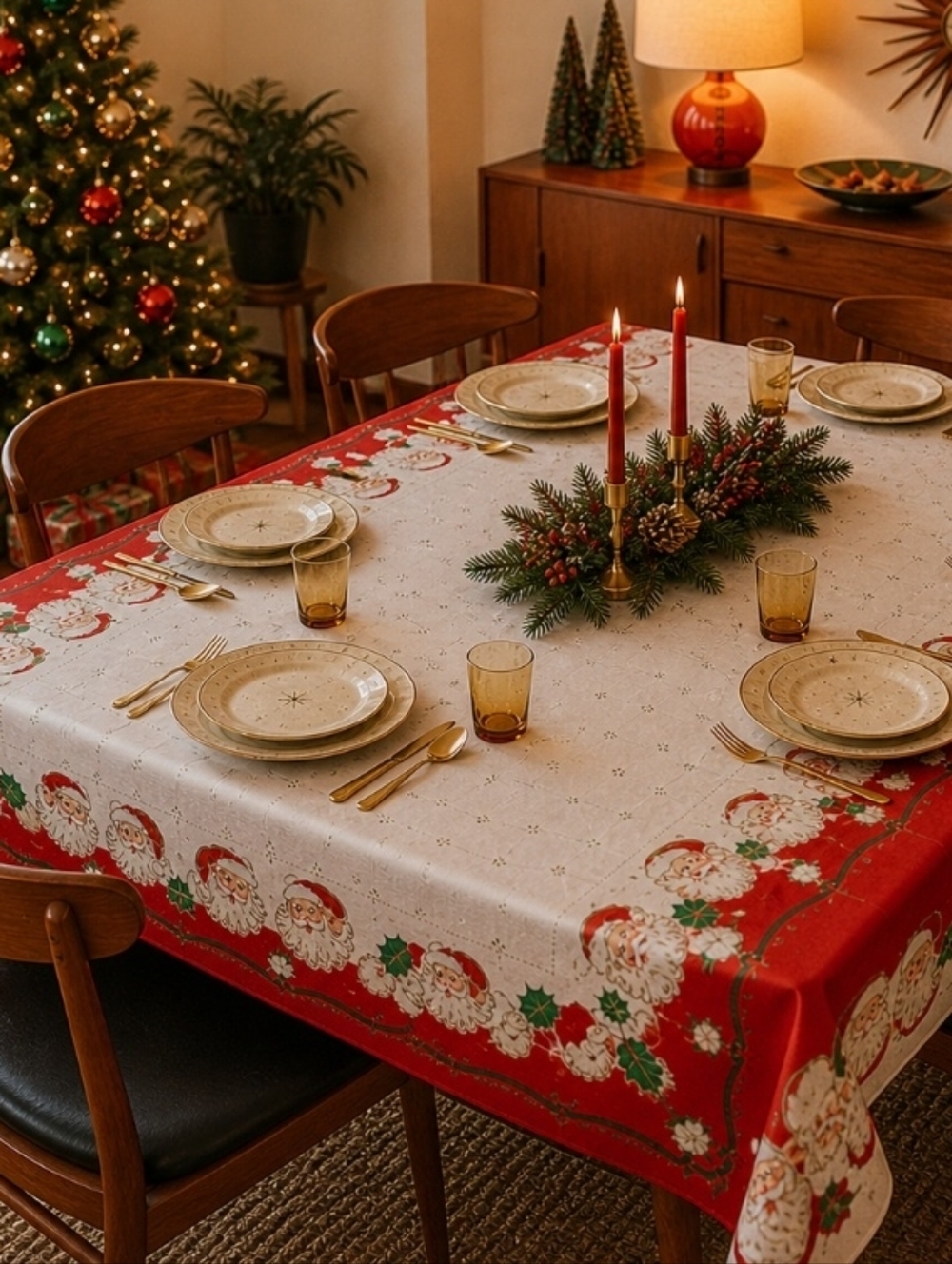 Vintage MCM 70's Christmas Vinyl Flannel Back Tablecloth Santa Claus 52"x69"